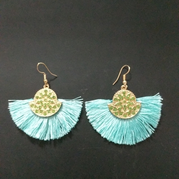 Gold Tone Aqua Rhinestone and Silk Thread Fringe Statement Earrings - Picture 1 of 1